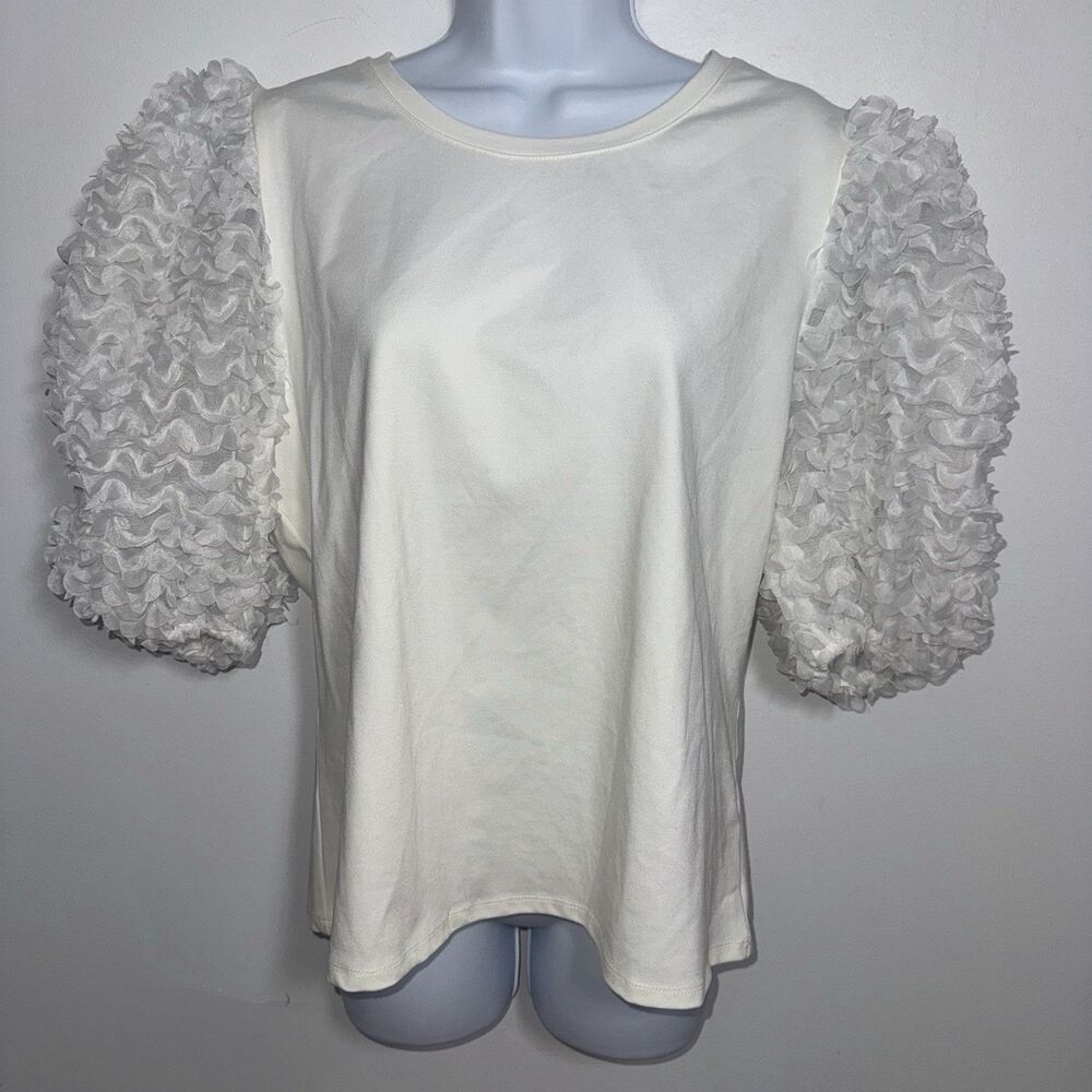 Flat White Anthropologie Sheer Ruffle Balloon Sleeve T-Shirt Blouse Women XL